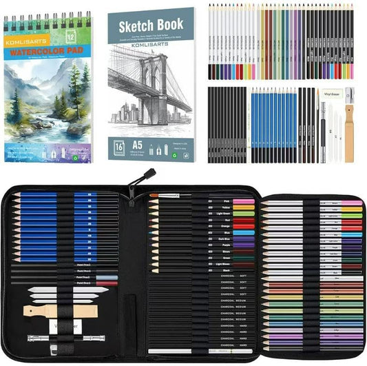 KOMLISATS 73 Pieces Pro Drawing Kit Sketching Pencils Set,Charcoal Pencils, Sketch Pencils, Charcoal Stick,Sharpener,Eraser.Art Supplies for Artists Beginner Adults Teens