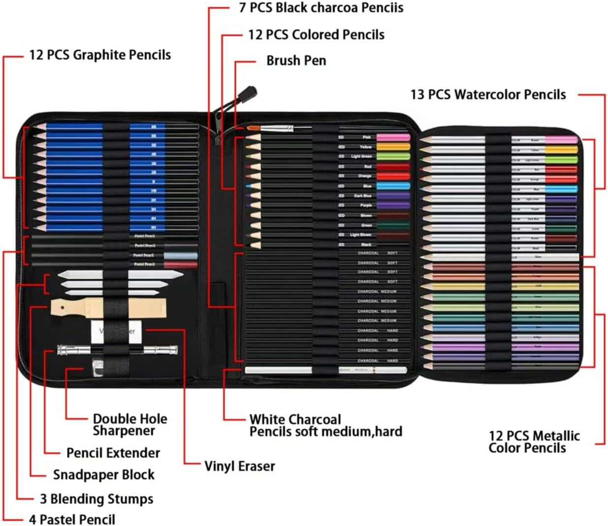 KOMLISATS 73 Pieces Pro Drawing Kit Sketching Pencils Set,Charcoal Pencils, Sketch Pencils, Charcoal Stick,Sharpener,Eraser.Art Supplies for Artists Beginner Adults Teens