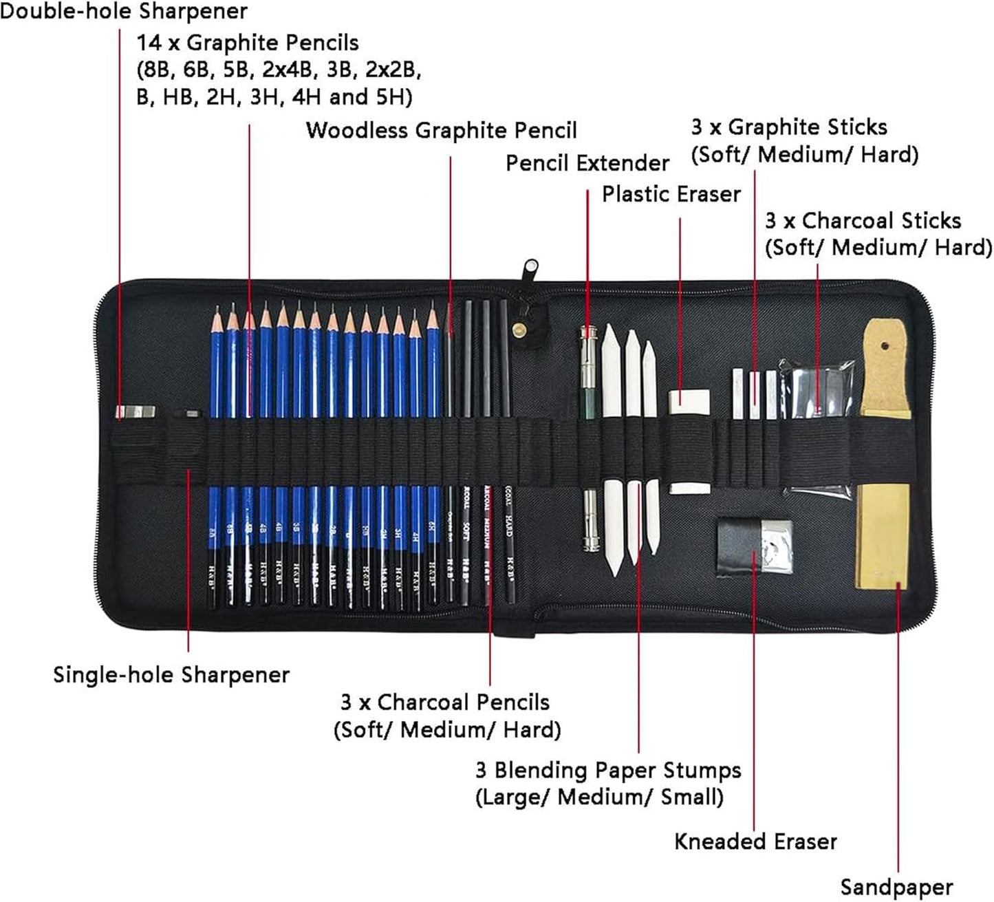 KOMLISATS 35 Pieces Pro Drawing Kit Sketching Pencils Set,Charcoal Pencils, Sketch Pencils, Charcoal Stick,Sharpener,Eraser.Art Supplies for Artists Beginner Adults Teens