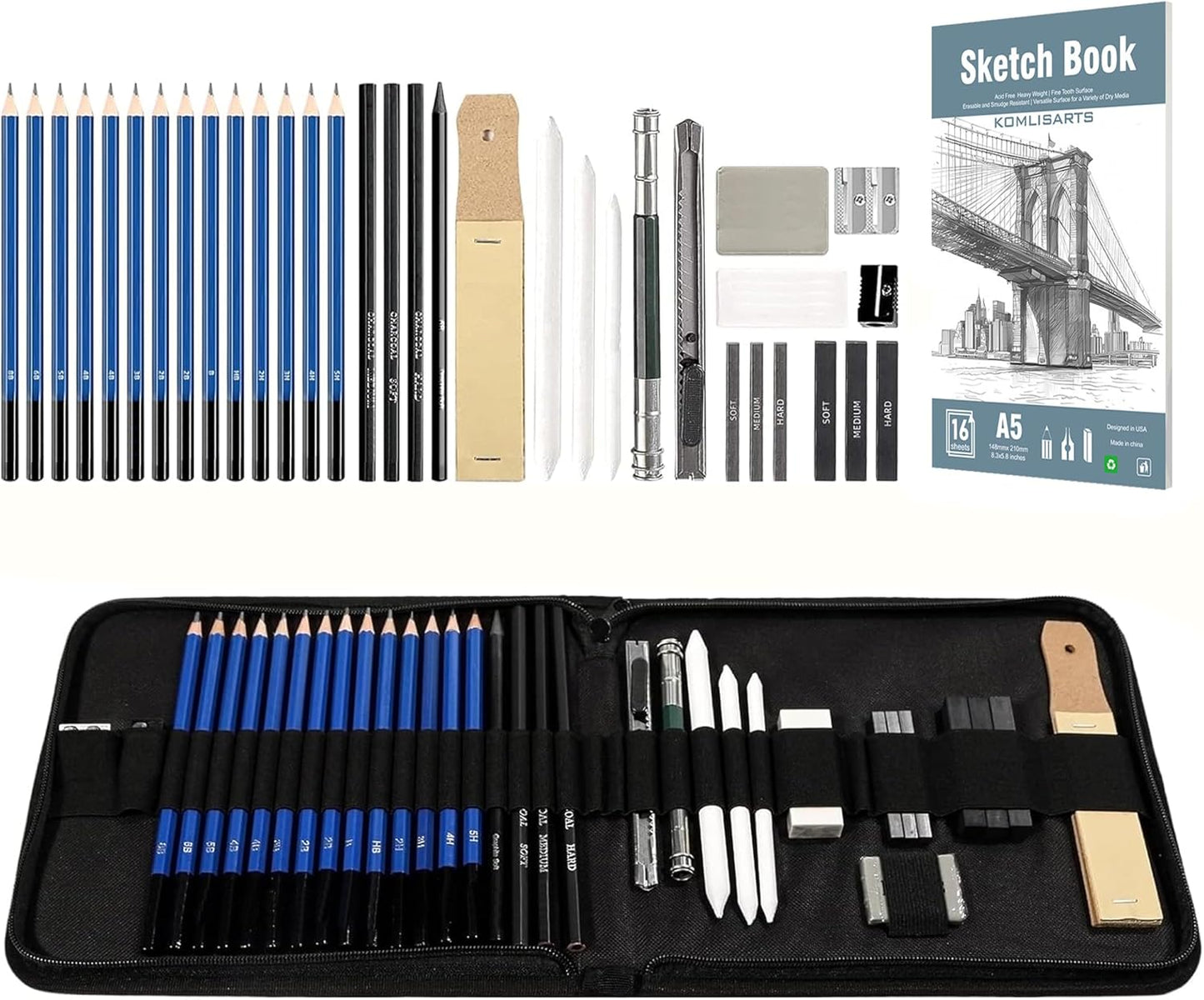 KOMLISATS 35 Pieces Pro Drawing Kit Sketching Pencils Set,Charcoal Pencils, Sketch Pencils, Charcoal Stick,Sharpener,Eraser.Art Supplies for Artists Beginner Adults Teens