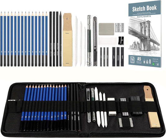 KOMLISATS 35 Pieces Pro Drawing Kit Sketching Pencils Set,Charcoal Pencils, Sketch Pencils, Charcoal Stick,Sharpener,Eraser.Art Supplies for Artists Beginner Adults Teens